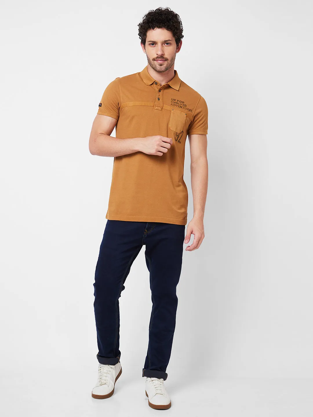 Spykar Polo Collar Half Sleeves Khaki T-Shirt  For Men