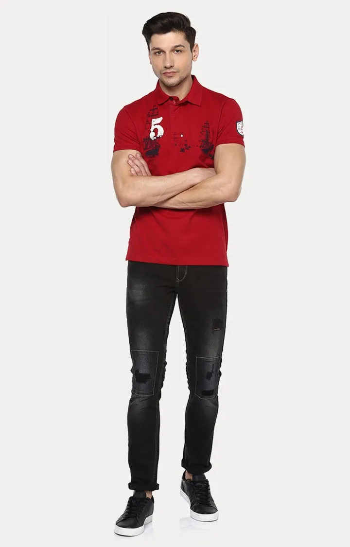 Spykar Red Printed Slim Fit Polo T-Shirt