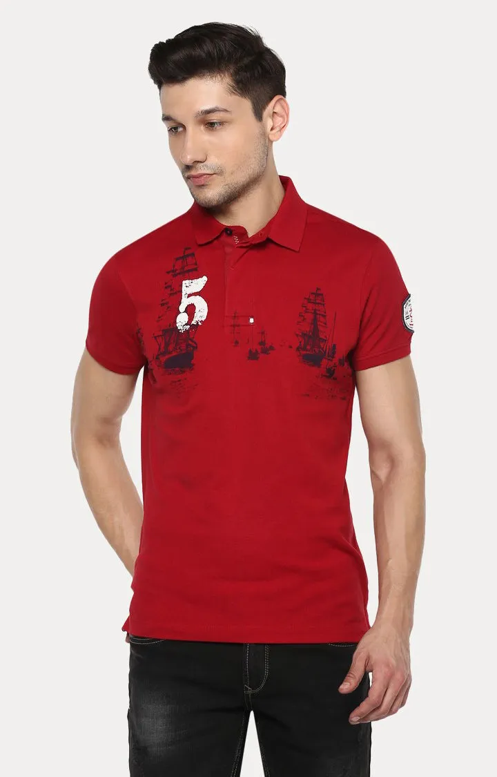 Spykar Red Printed Slim Fit Polo T-Shirt