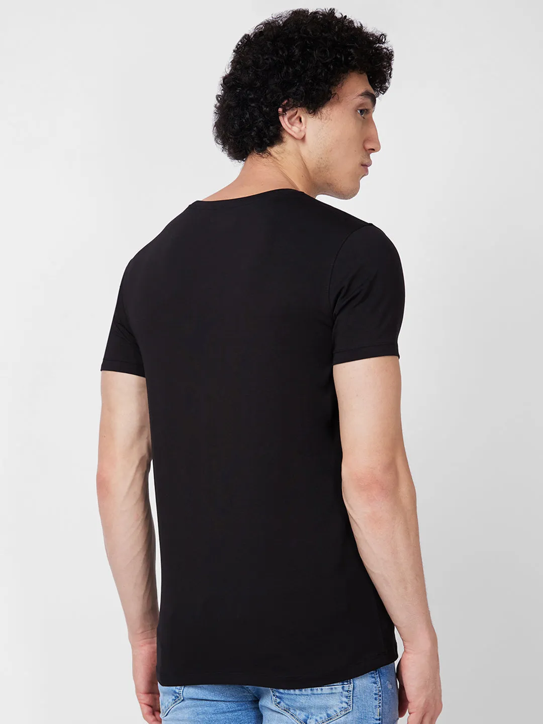 Spykar ROUND NECK HALF SLEEVES Black T-shirt  For Men