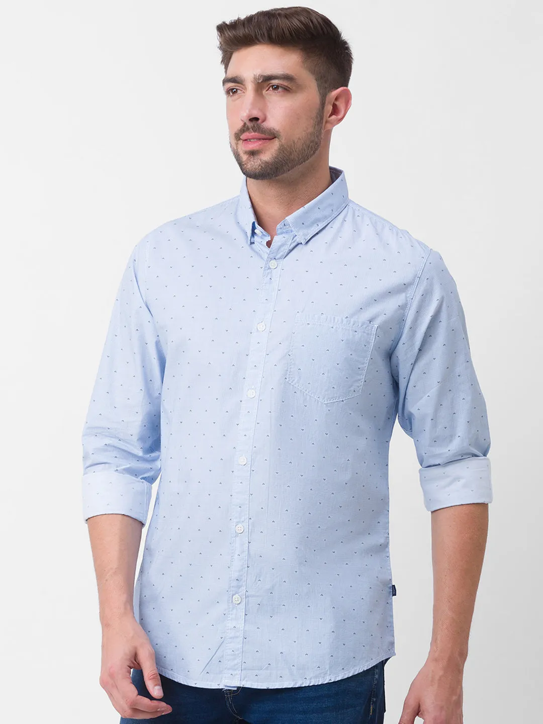 Spykar Sky Blue Cotton Full Sleeve Printed Shirt For Men