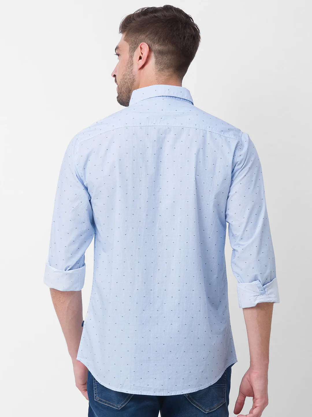 Spykar Sky Blue Cotton Full Sleeve Printed Shirt For Men