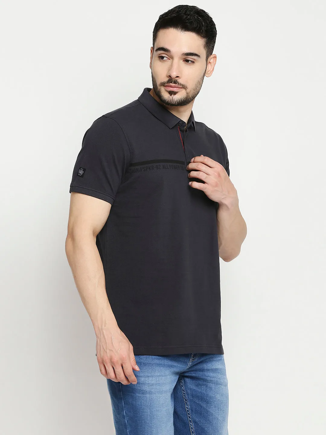 Spykar Slate Grey Cotton Half Sleeve Printed Casual Polo T-Shirts For Men