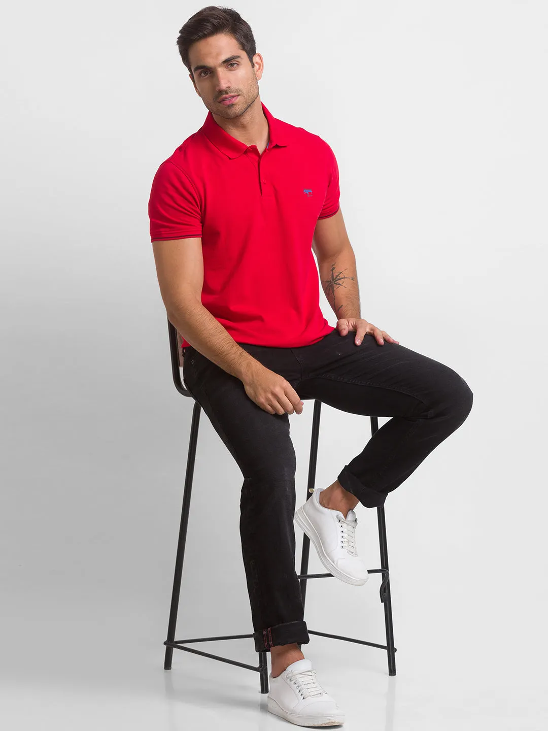 Spykar True Red Cotton Half Sleeve Plain Casual Polo T-Shirt For Men