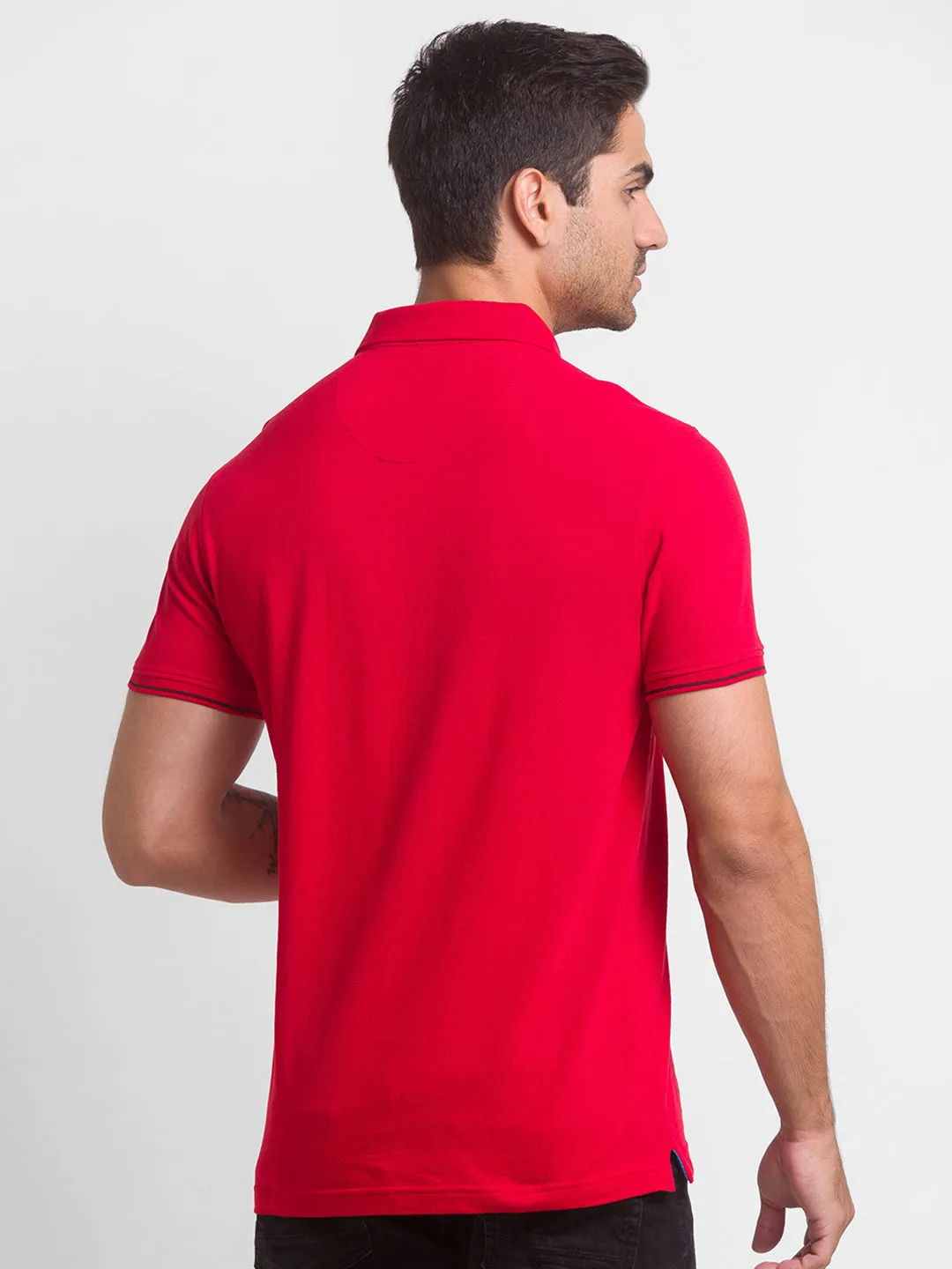 Spykar True Red Cotton Half Sleeve Plain Casual Polo T-Shirt For Men