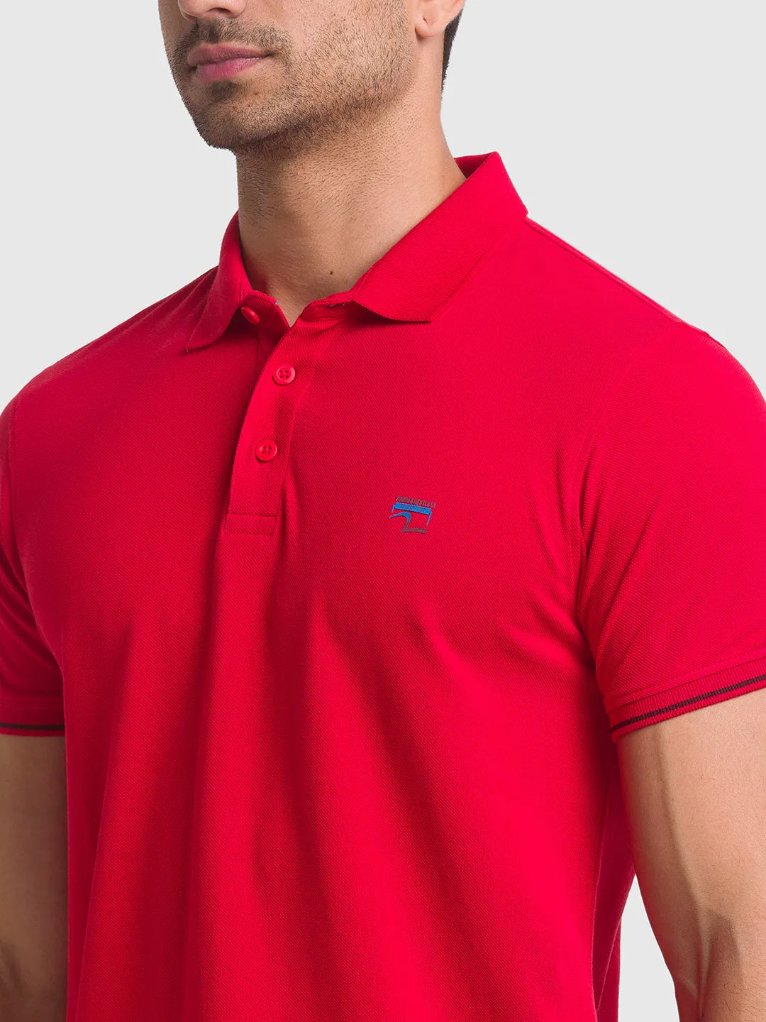 Spykar True Red Cotton Half Sleeve Plain Casual Polo T-Shirt For Men