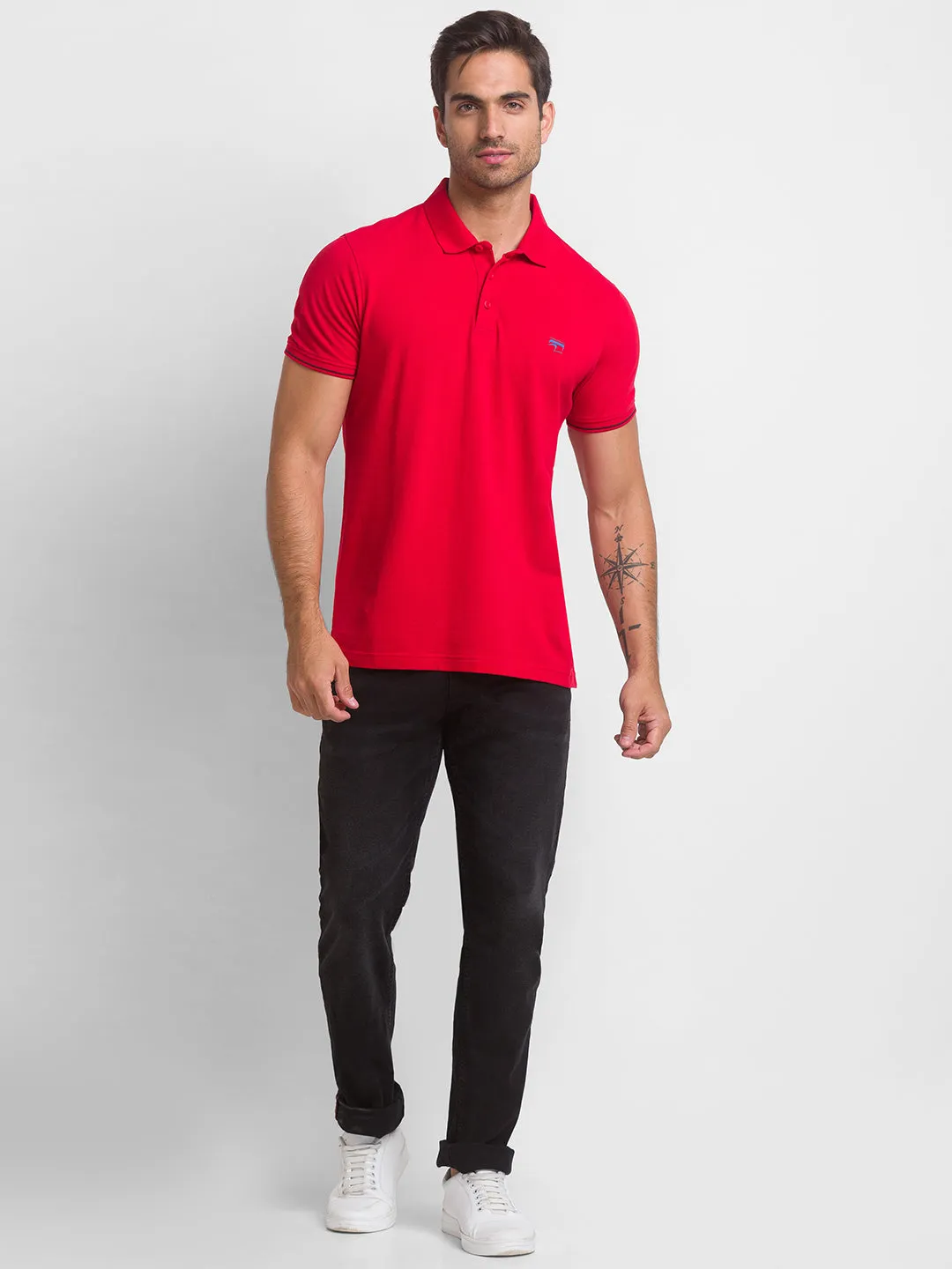 Spykar True Red Cotton Half Sleeve Plain Casual Polo T-Shirt For Men