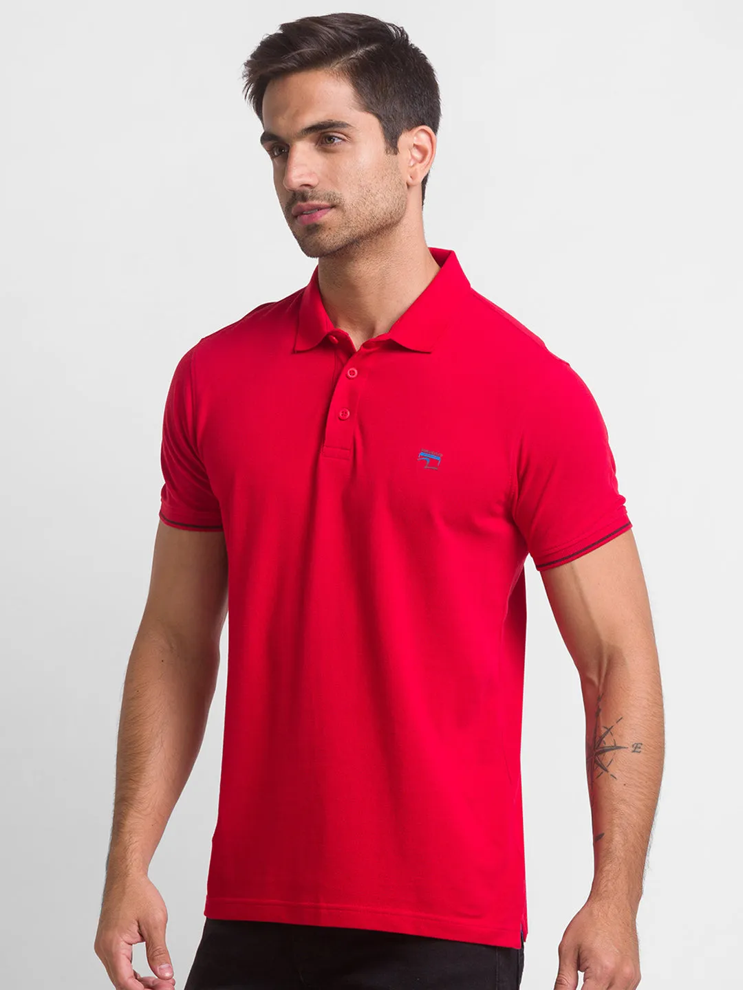 Spykar True Red Cotton Half Sleeve Plain Casual Polo T-Shirt For Men