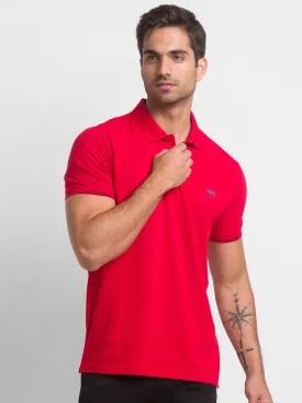 Spykar True Red Cotton Half Sleeve Plain Casual Polo T-Shirt For Men