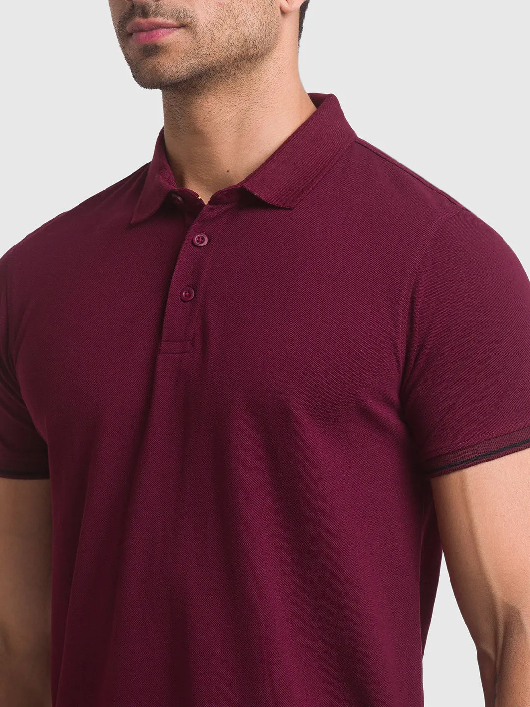 Spykar Wine Cotton Half Sleeve Plain Casual Polo T-Shirt For Men