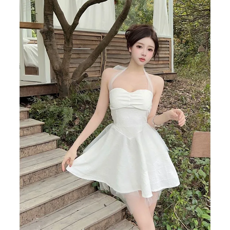 Strapless A-Line Skirt Fluffy Halter Solid Dress