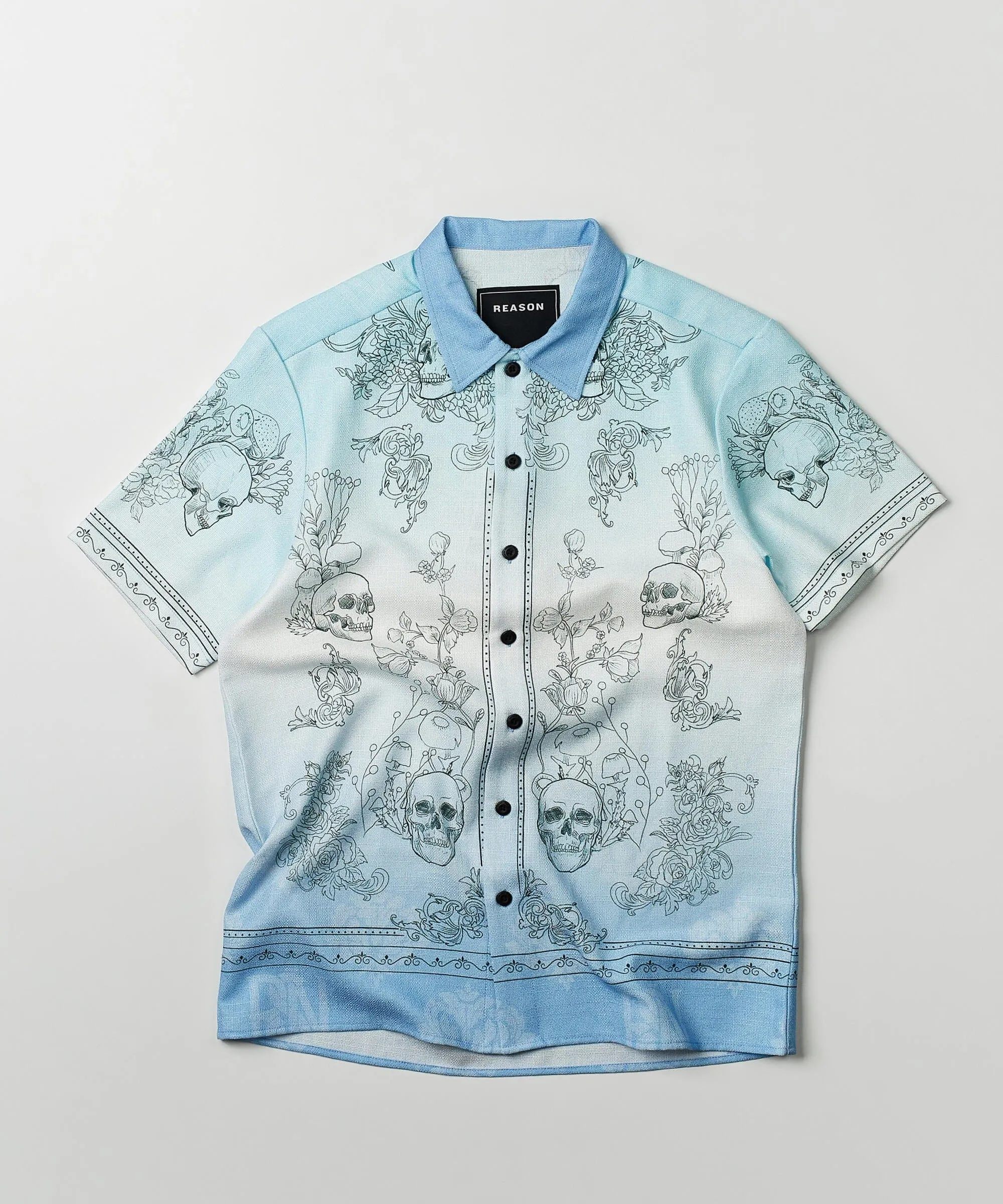 Styx Skulls Linen Texture Short Sleeve Button Down Shirt - Light Blue