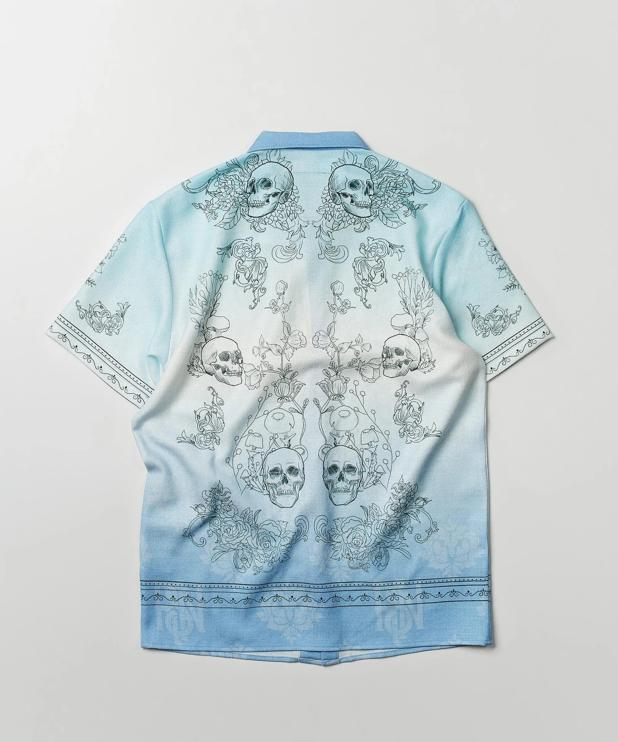 Styx Skulls Linen Texture Short Sleeve Button Down Shirt - Light Blue