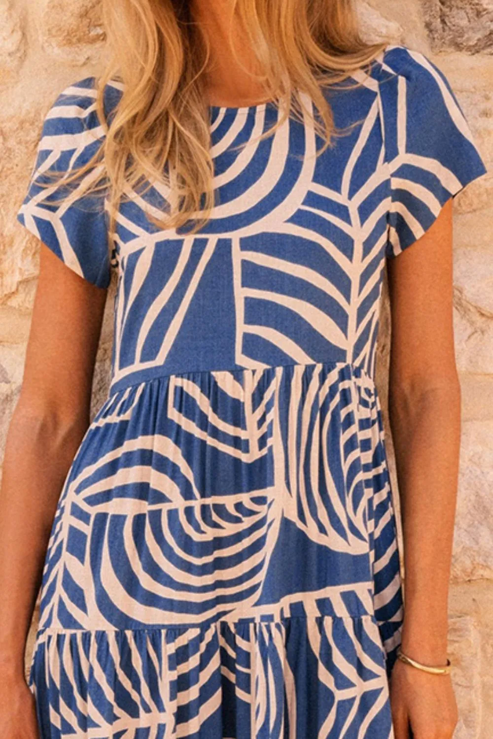 Tiered Printed Round Neck Short Sleeve Dress