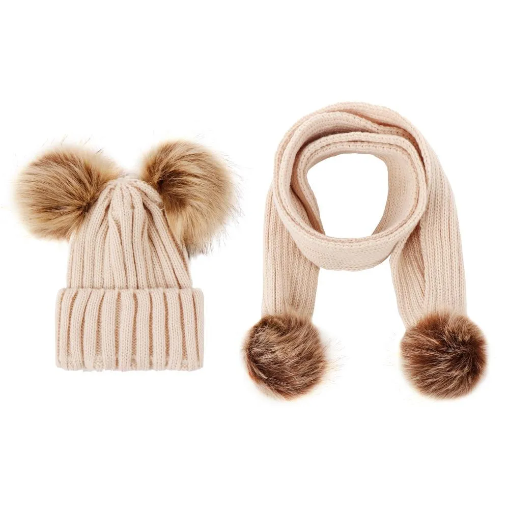 Unisex Warm Knitted Double Pompom Hats And Scarf Set