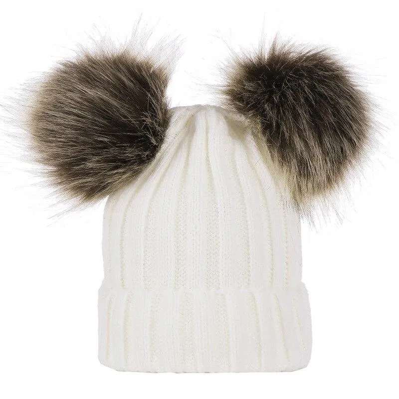 Unisex Warm Knitted Double Pompom Hats And Scarf Set