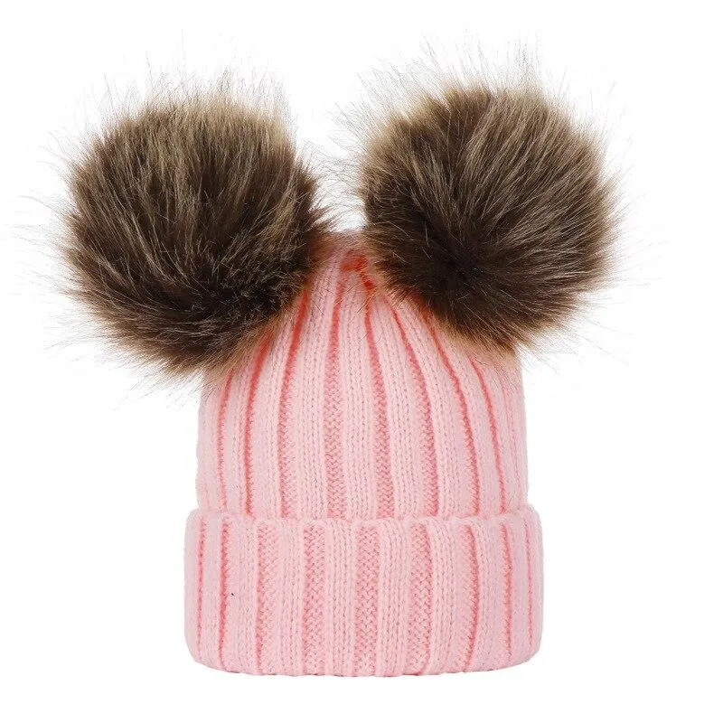 Unisex Warm Knitted Double Pompom Hats And Scarf Set