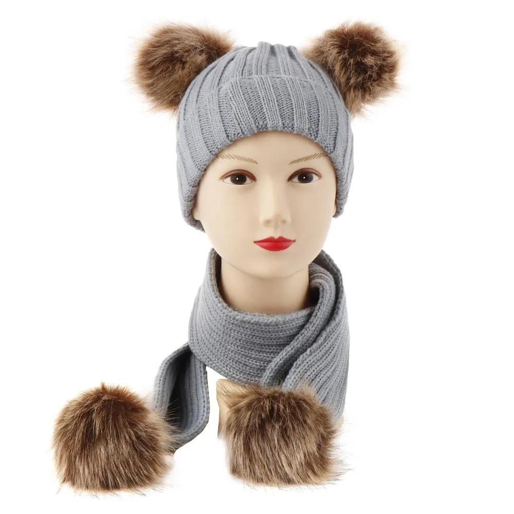 Unisex Warm Knitted Double Pompom Hats And Scarf Set