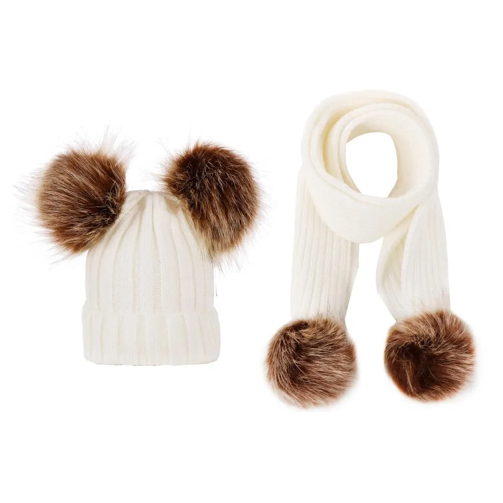 Unisex Warm Knitted Double Pompom Hats And Scarf Set