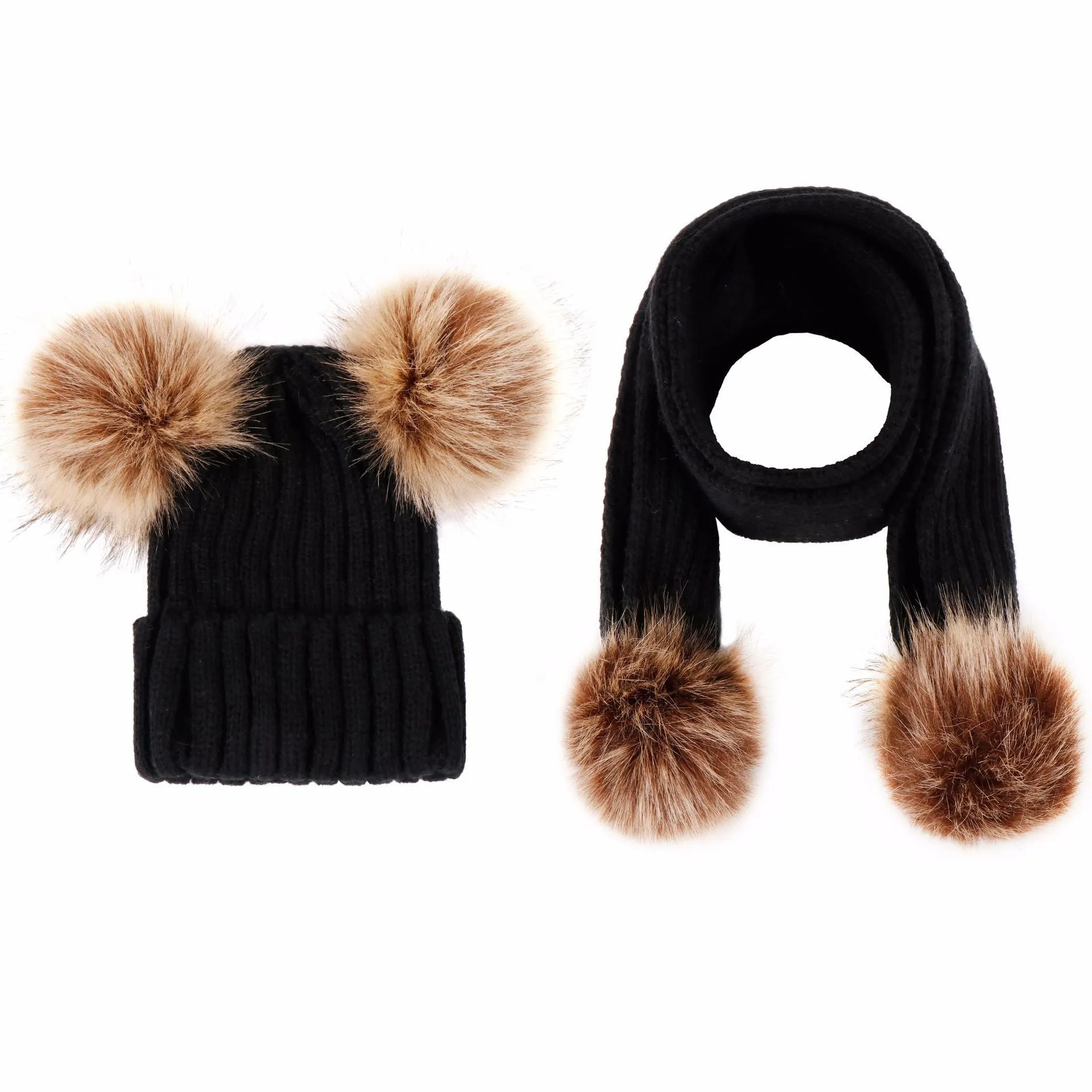 Unisex Warm Knitted Double Pompom Hats And Scarf Set