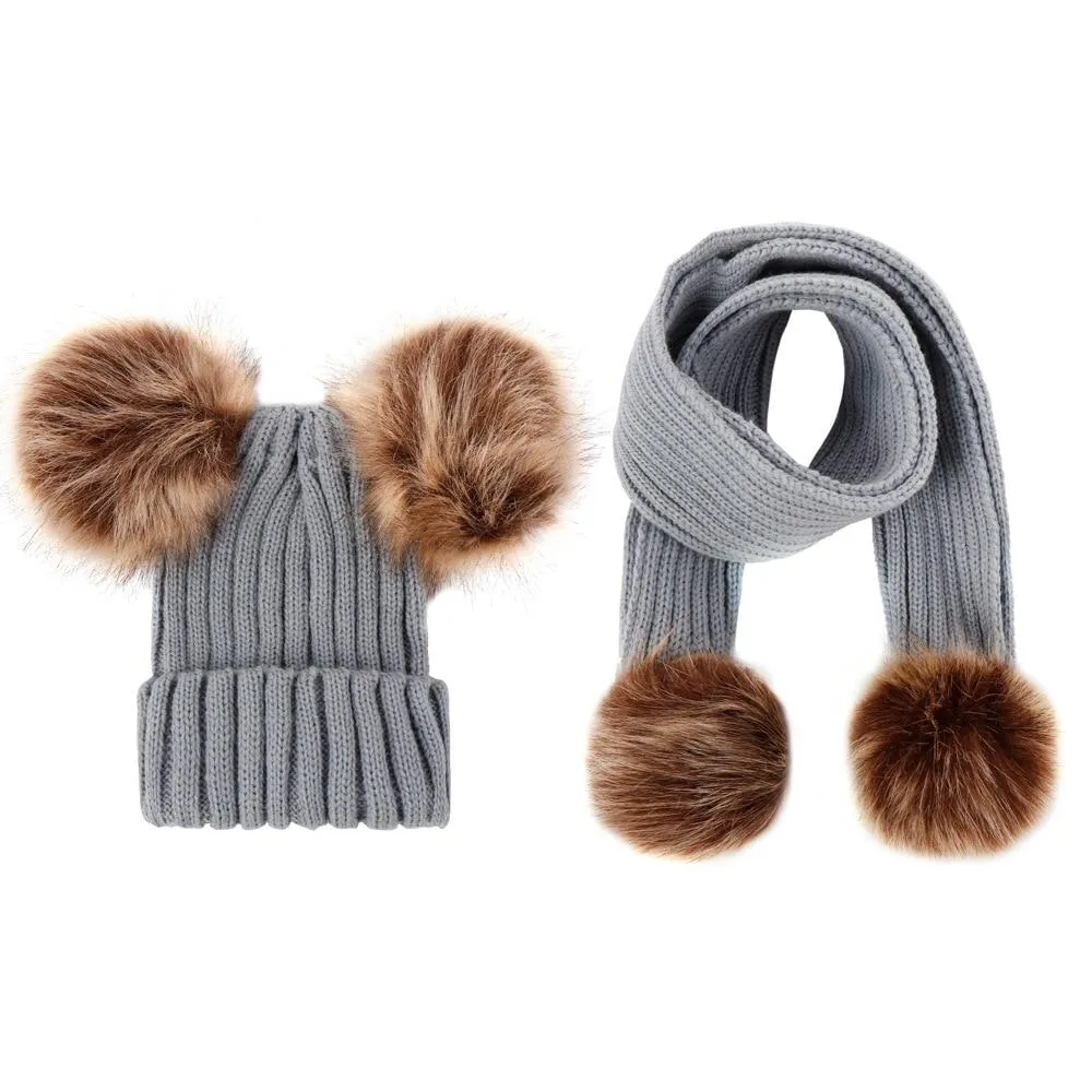 Unisex Warm Knitted Double Pompom Hats And Scarf Set