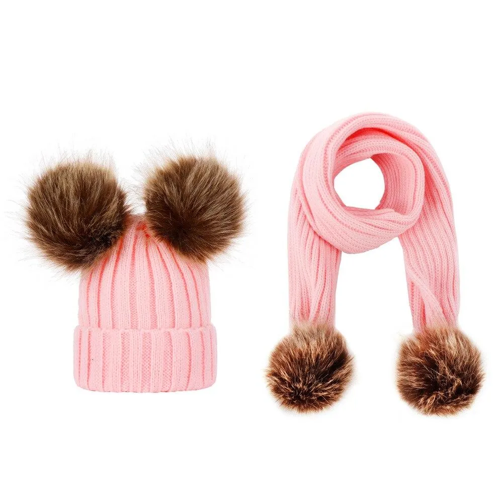 Unisex Warm Knitted Double Pompom Hats And Scarf Set