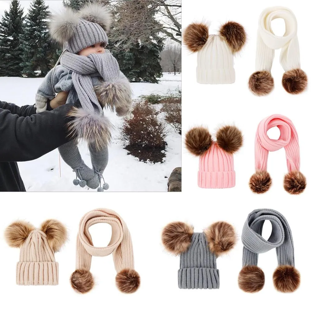 Unisex Warm Knitted Double Pompom Hats And Scarf Set