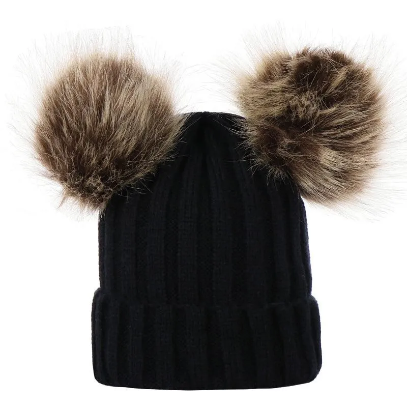 Unisex Warm Knitted Double Pompom Hats And Scarf Set