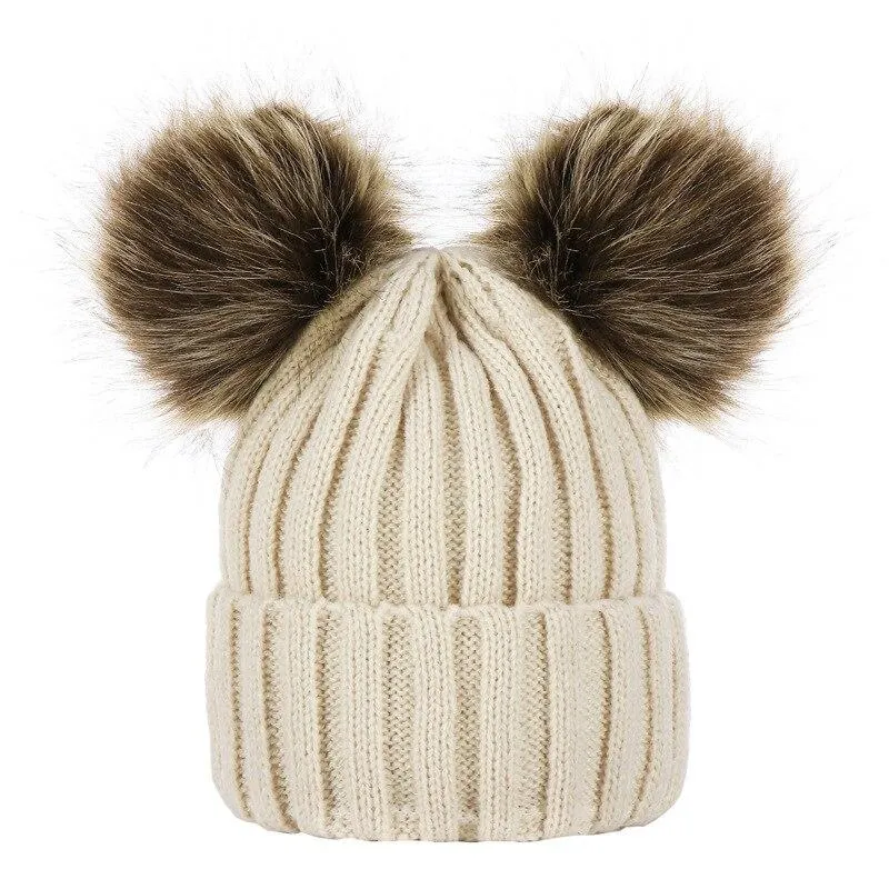 Unisex Warm Knitted Double Pompom Hats And Scarf Set