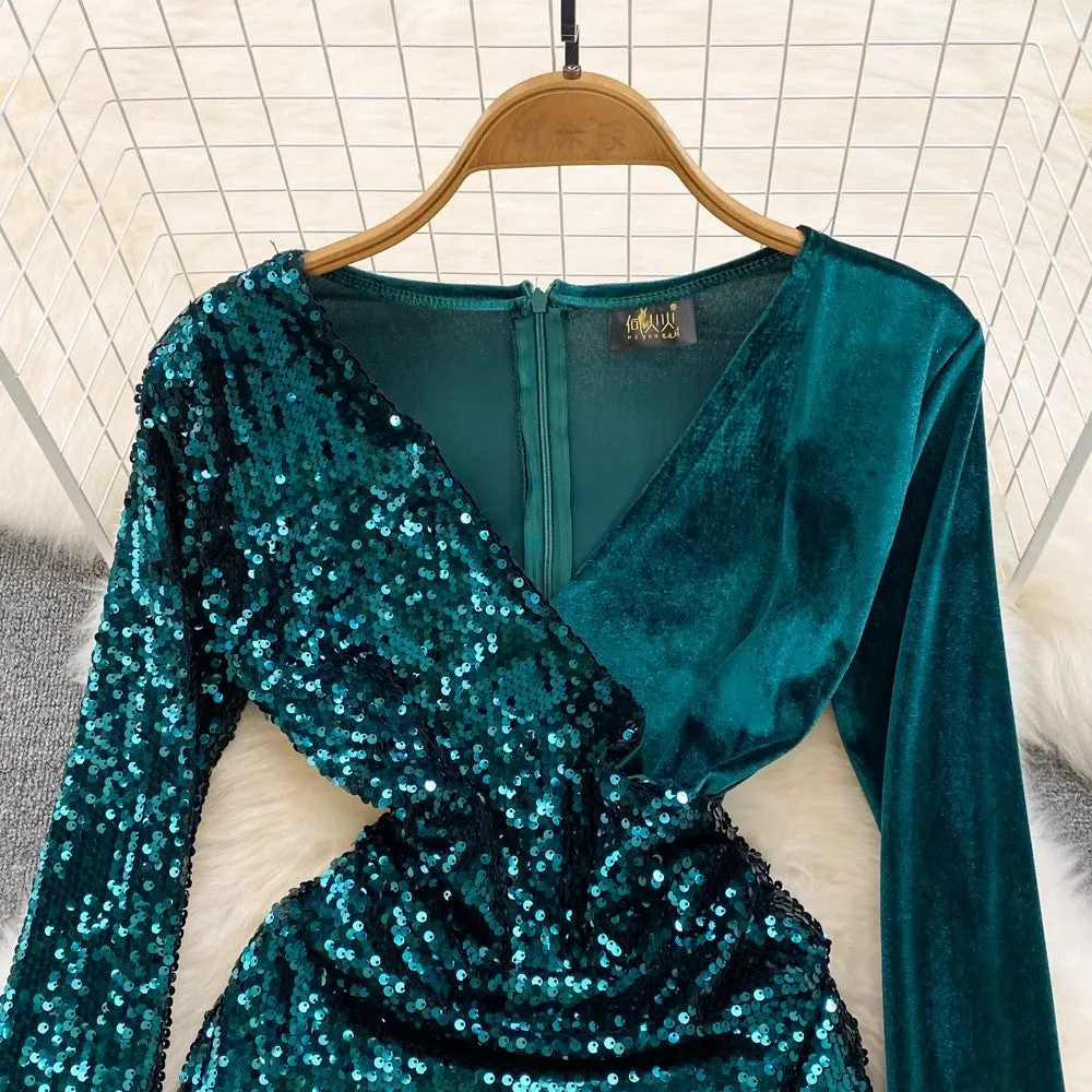 V-neck sparkling sequin velvet dress for women       S4313