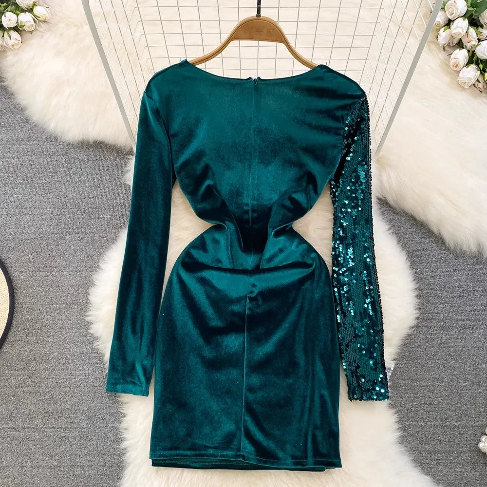 V-neck sparkling sequin velvet dress for women       S4313