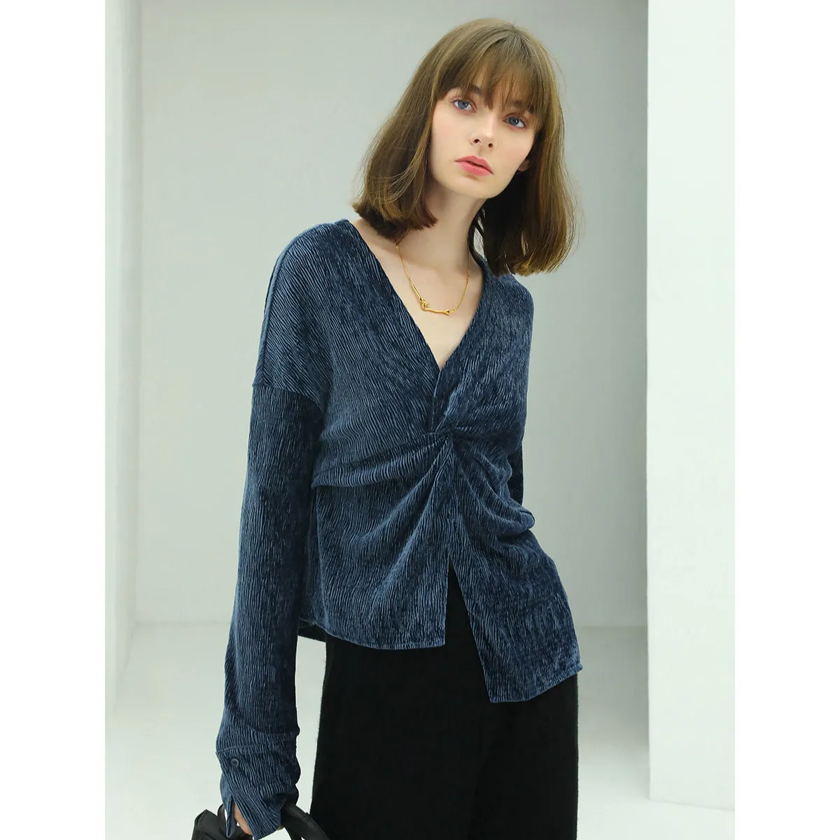 Velvet Wrap Navy Knit Top