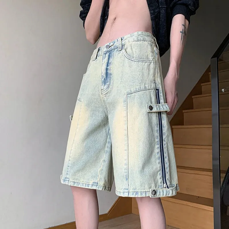 Wiaofellas  -  Summer High Street Vibe Jeans Fashion Retro Street Stitching Zipper Denim Shorts Street Hip-hop Men Straight Wear White Pants