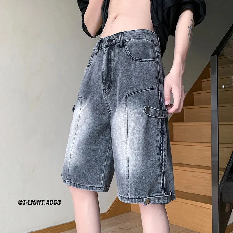 Wiaofellas  -  Summer High Street Vibe Jeans Fashion Retro Street Stitching Zipper Denim Shorts Street Hip-hop Men Straight Wear White Pants