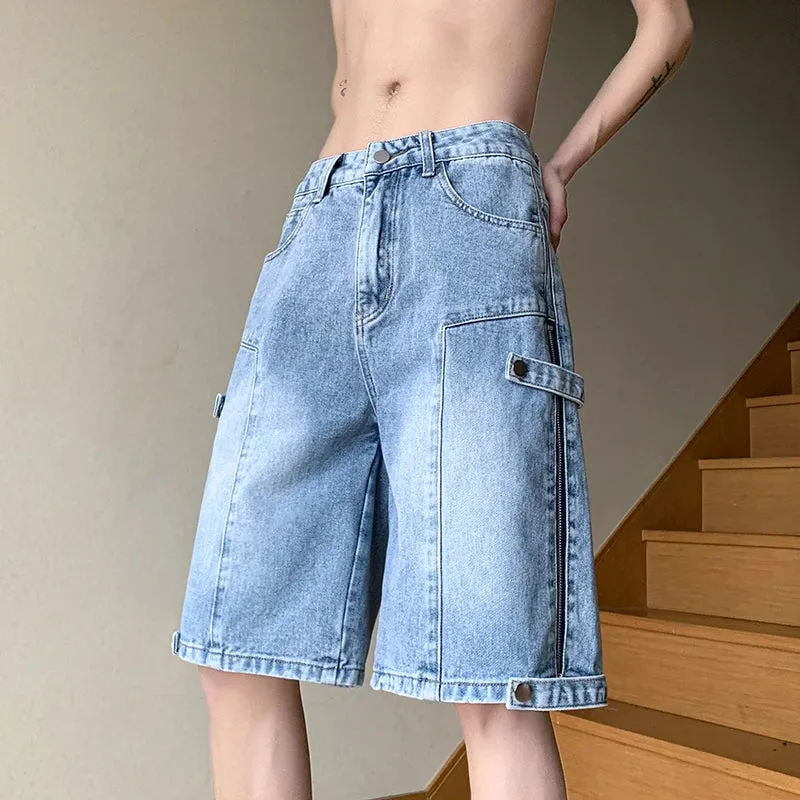 Wiaofellas  -  Summer High Street Vibe Jeans Fashion Retro Street Stitching Zipper Denim Shorts Street Hip-hop Men Straight Wear White Pants