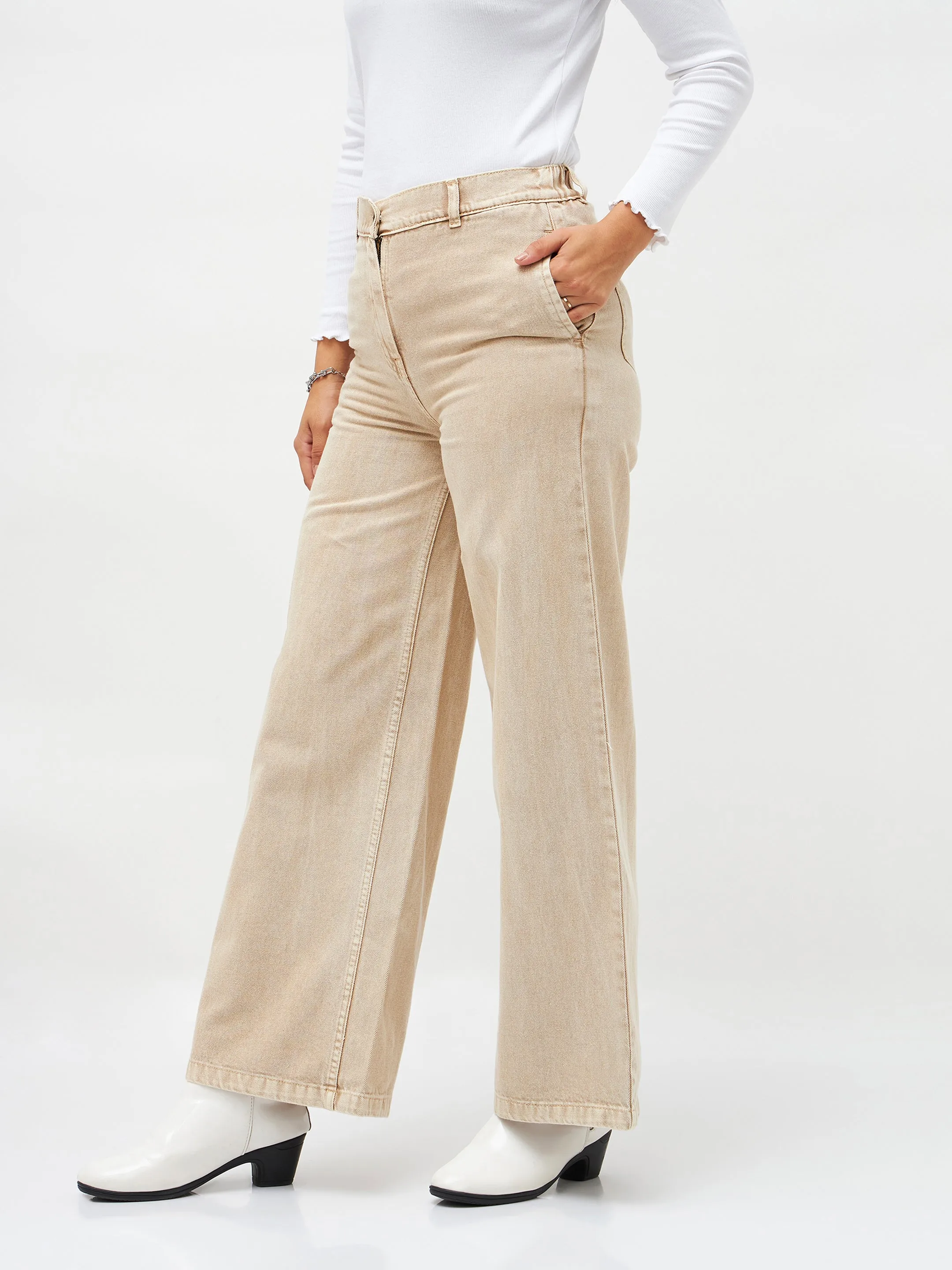 Women Beige Denim Flared Pants