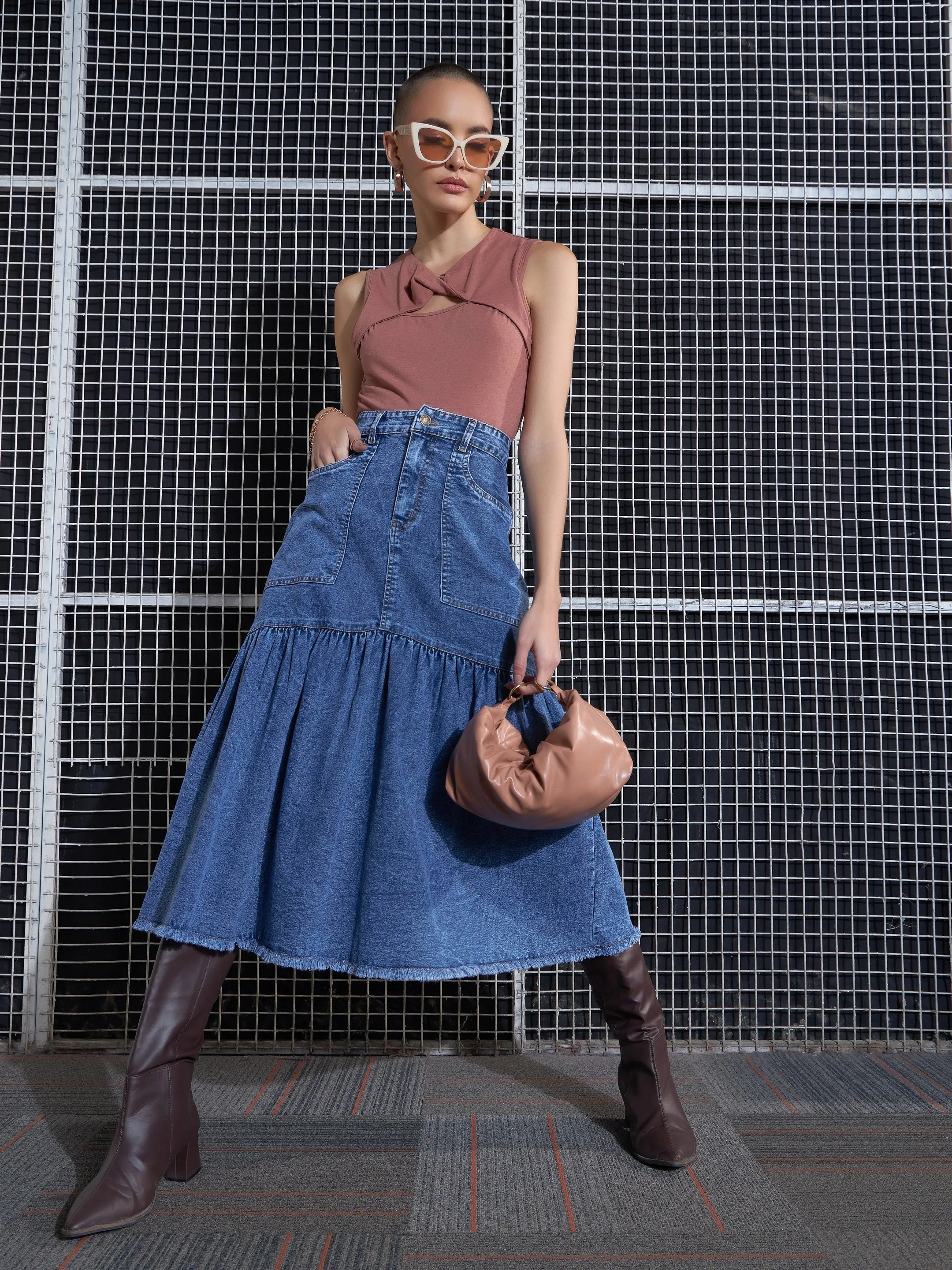 Women Blue Blast Denim Flared Midi Skirt