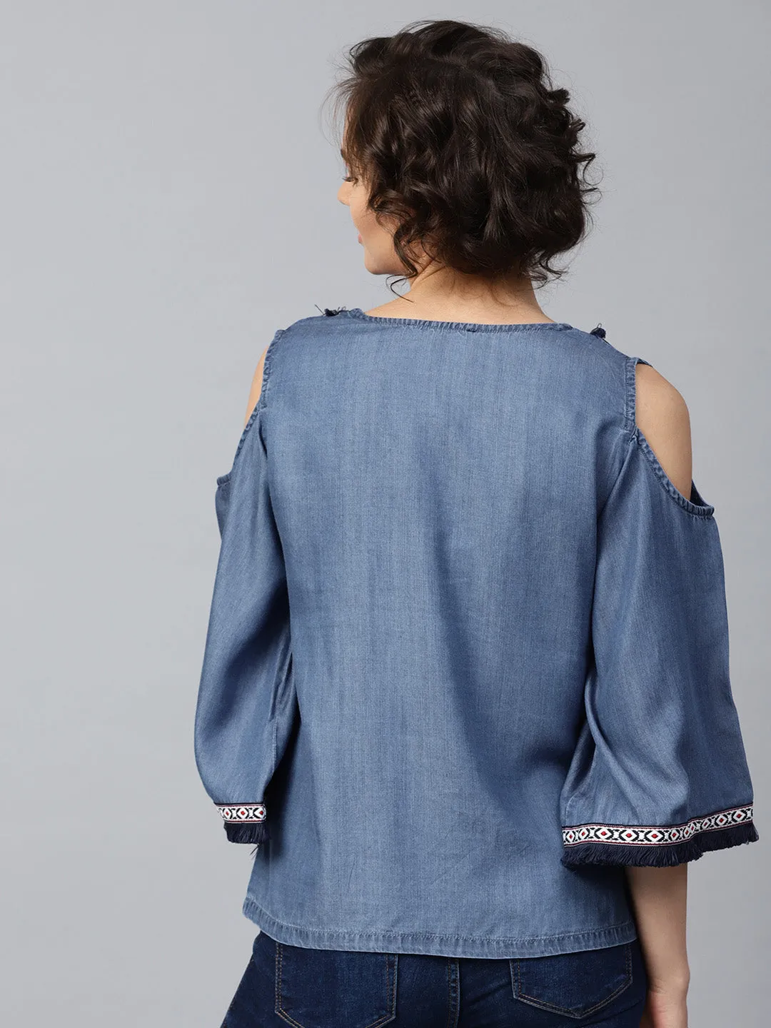 Women Blue Denim Cold Shoulder Top