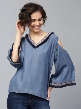 Women Blue Denim Cold Shoulder Top