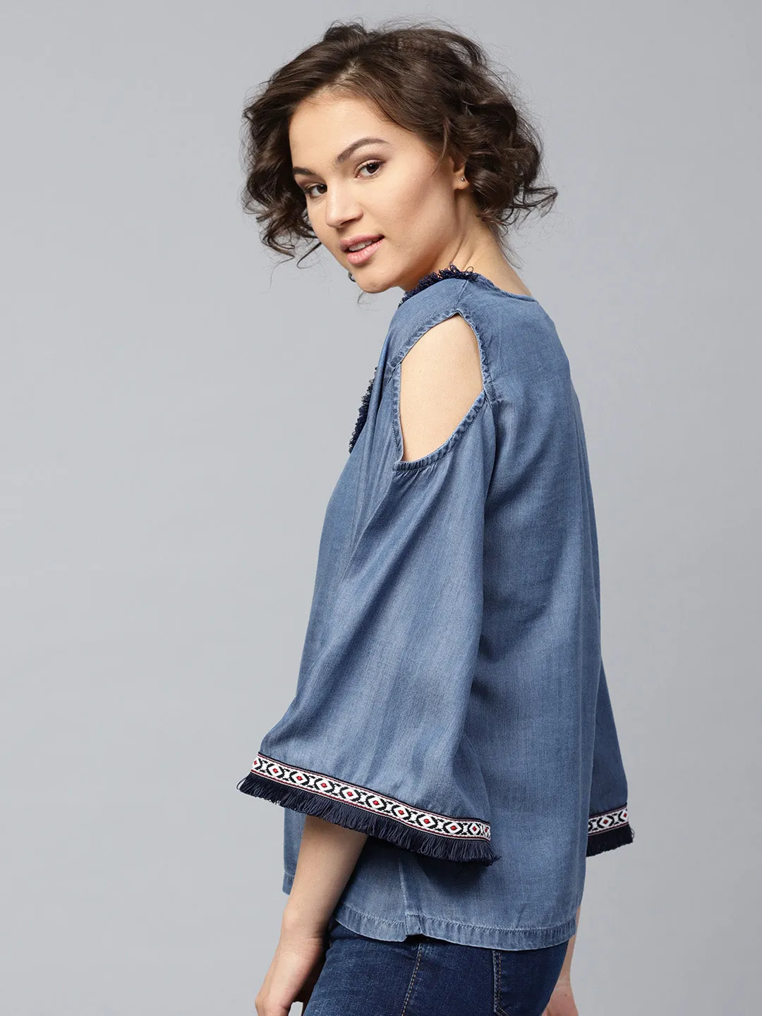 Women Blue Denim Cold Shoulder Top