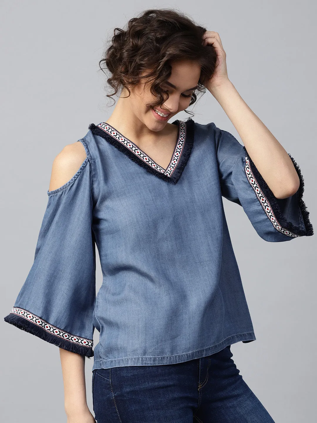 Women Blue Denim Cold Shoulder Top