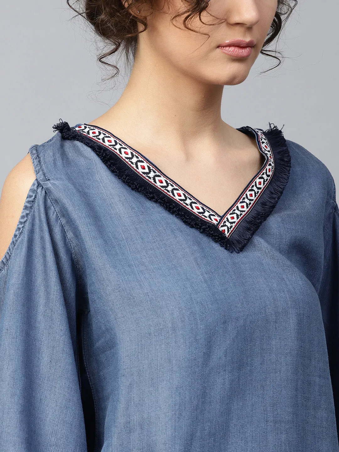 Women Blue Denim Cold Shoulder Top