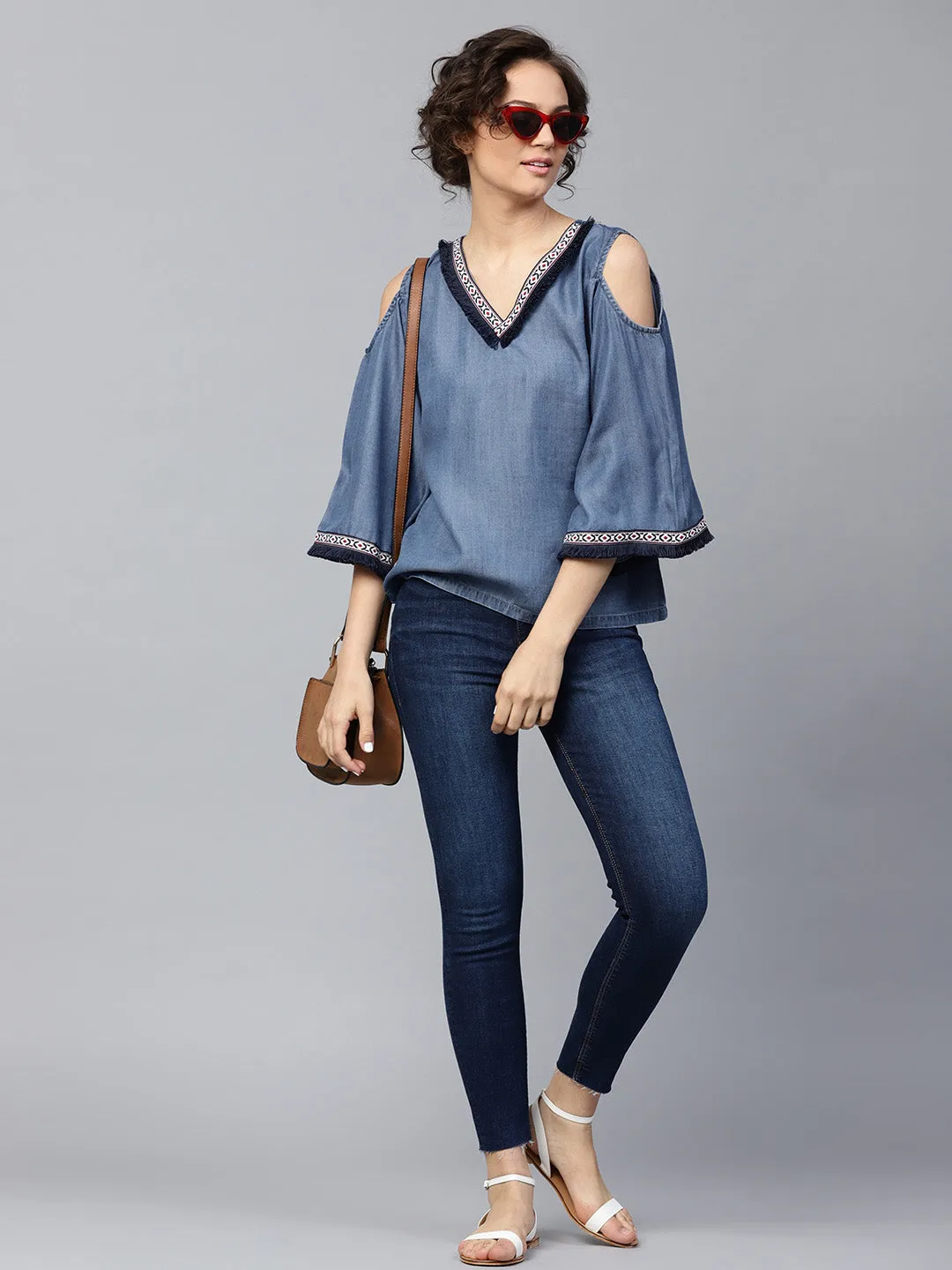 Women Blue Denim Cold Shoulder Top