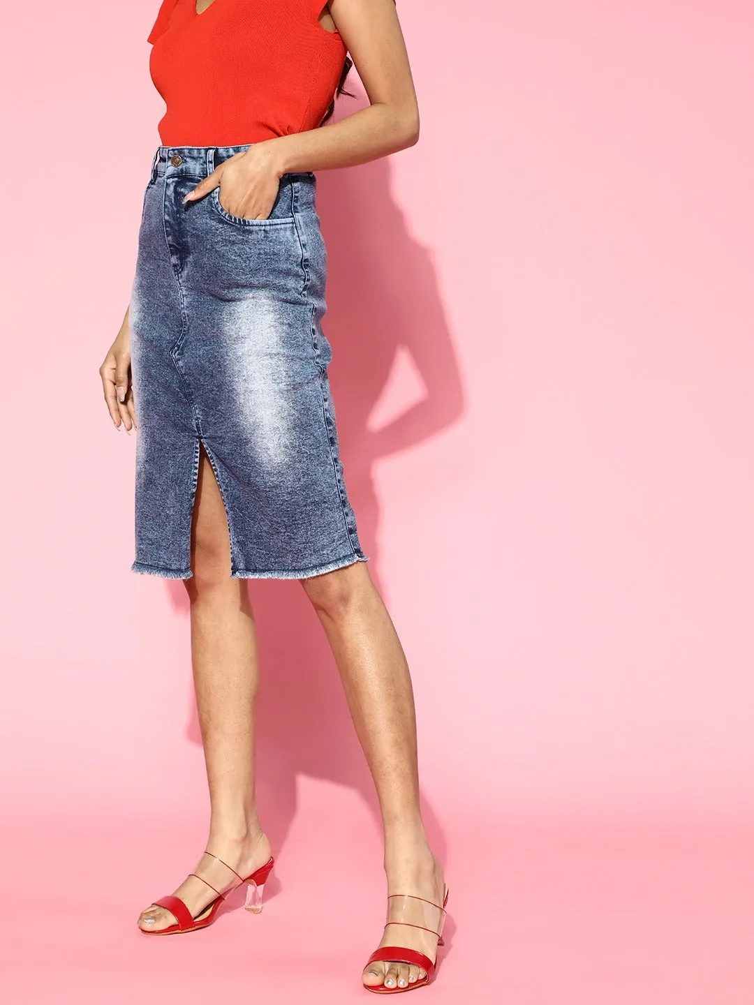 Women Blue Denim Front Slit Pencil Skirt