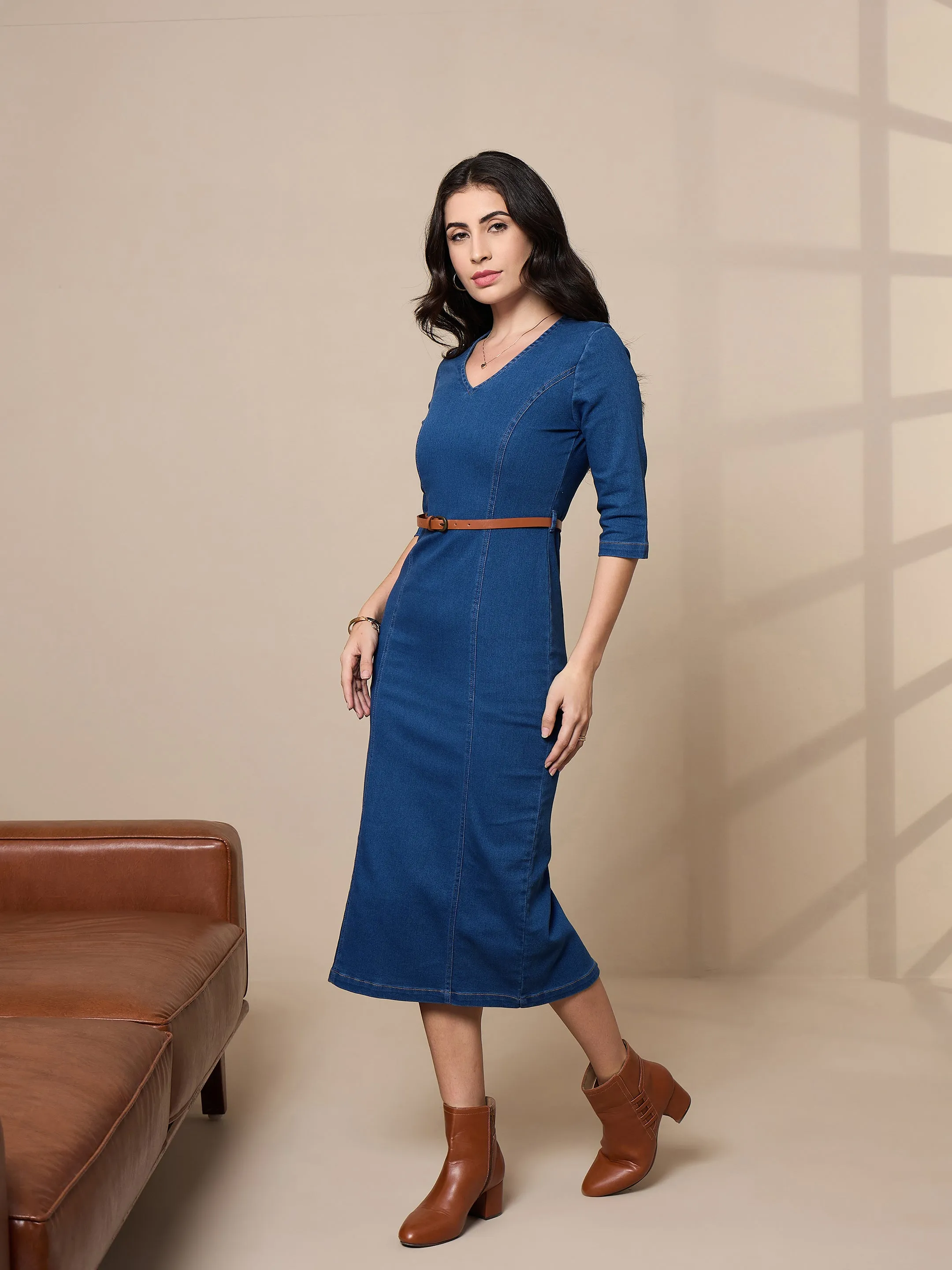 Women Blue Denim V-Neck Below Knee Dress