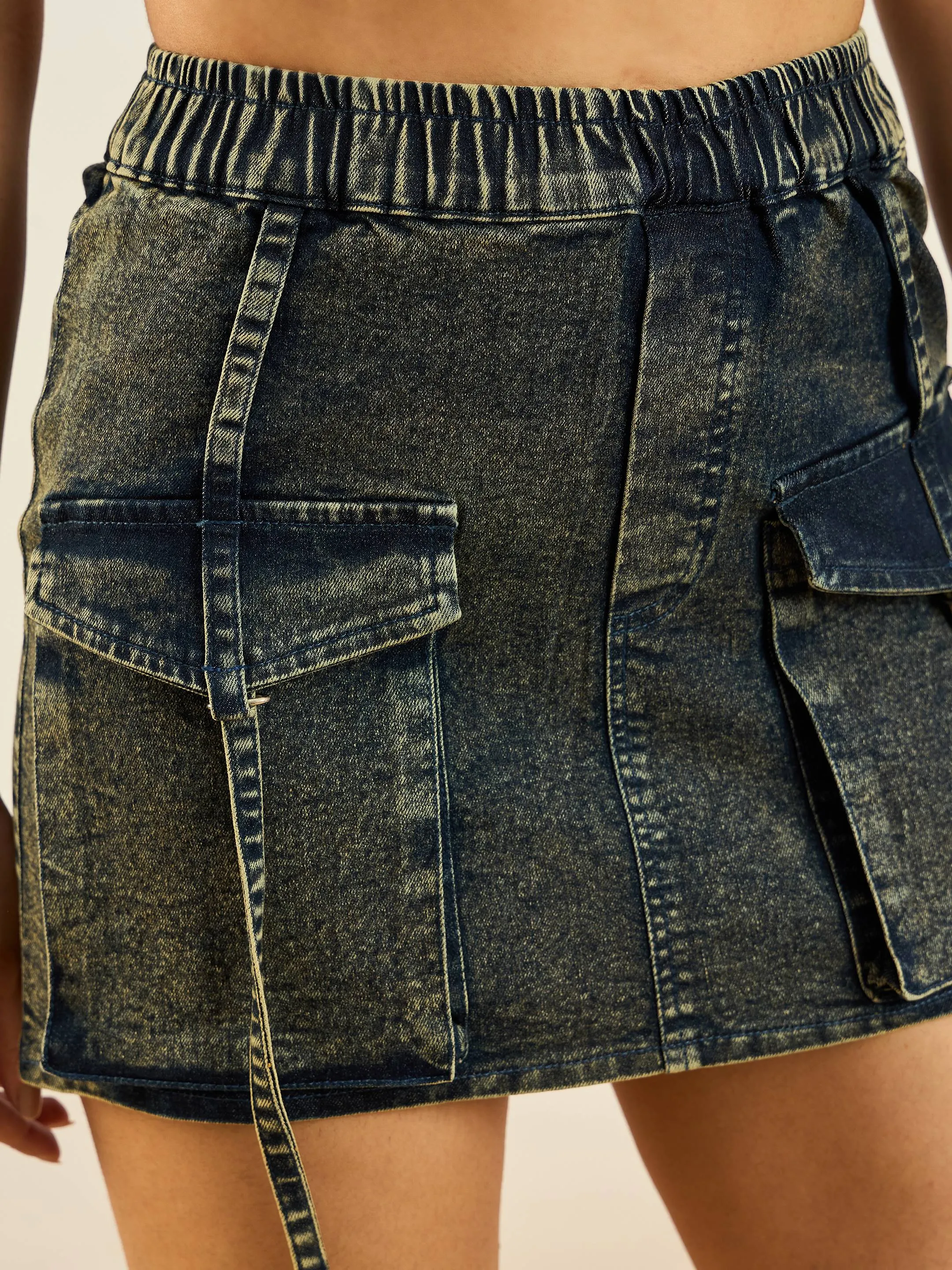 Women Green Washed Denim Front Pocket Mini Skirt