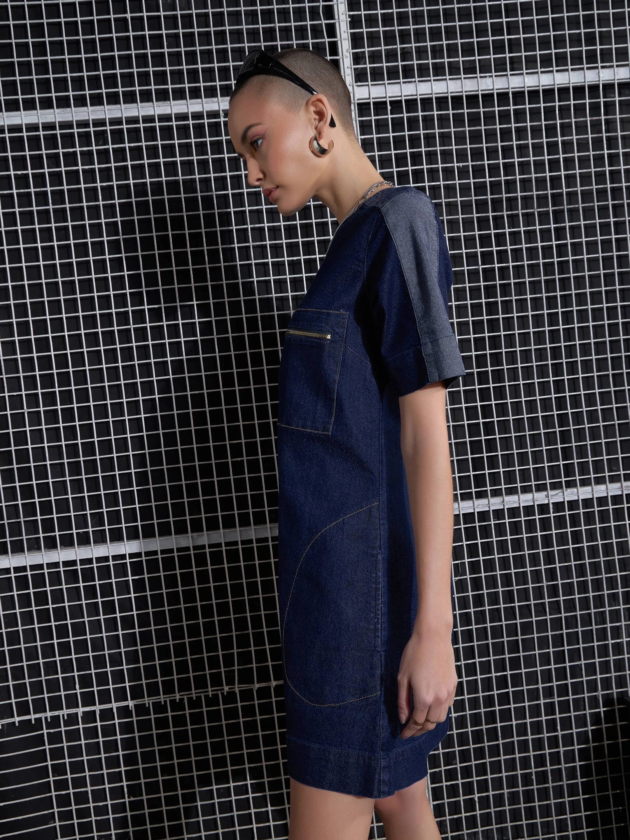 Women Navy Blue Color Block Short Denim Dress