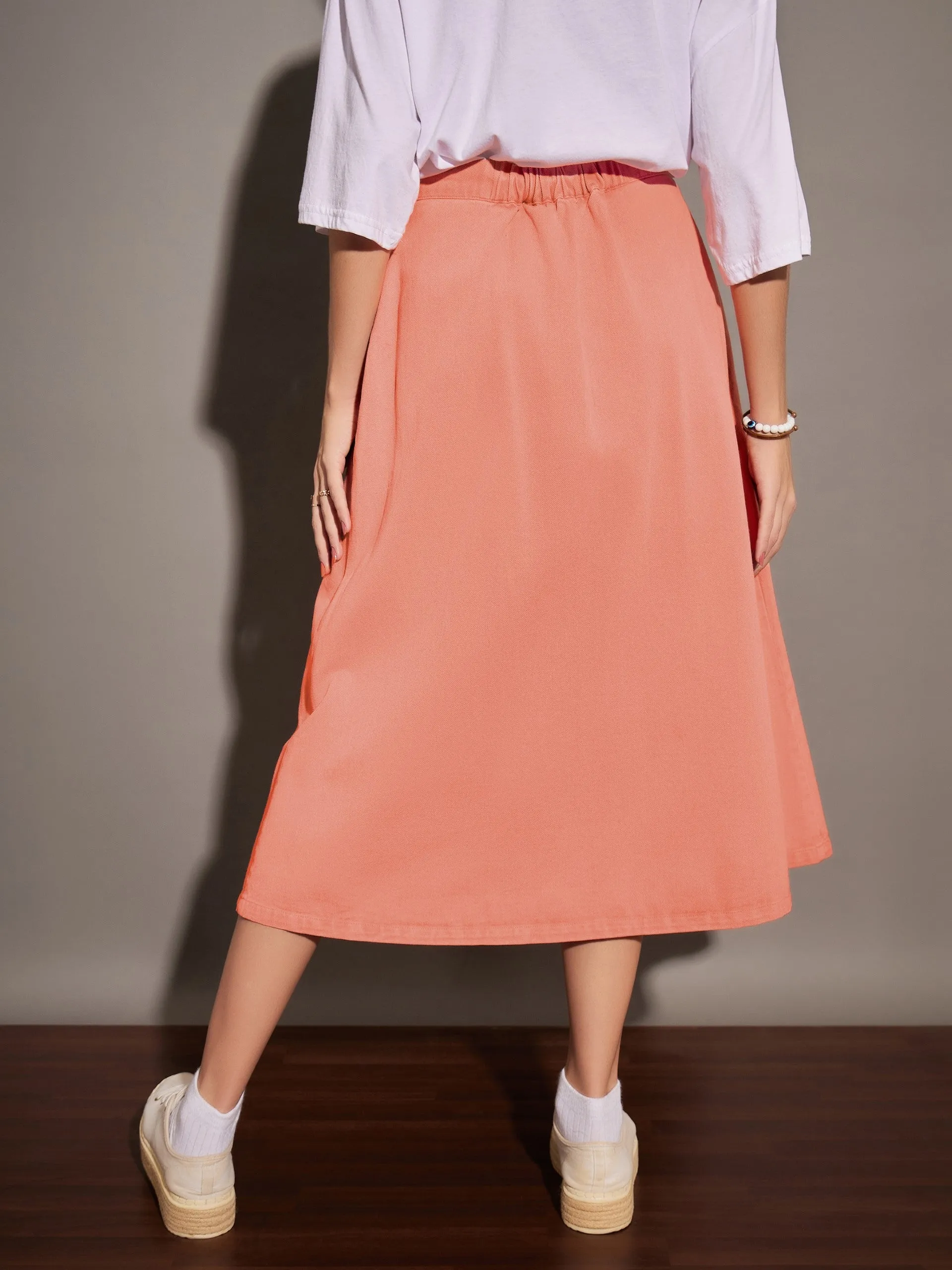 Women Orange Washed Denim A-Line Skirt