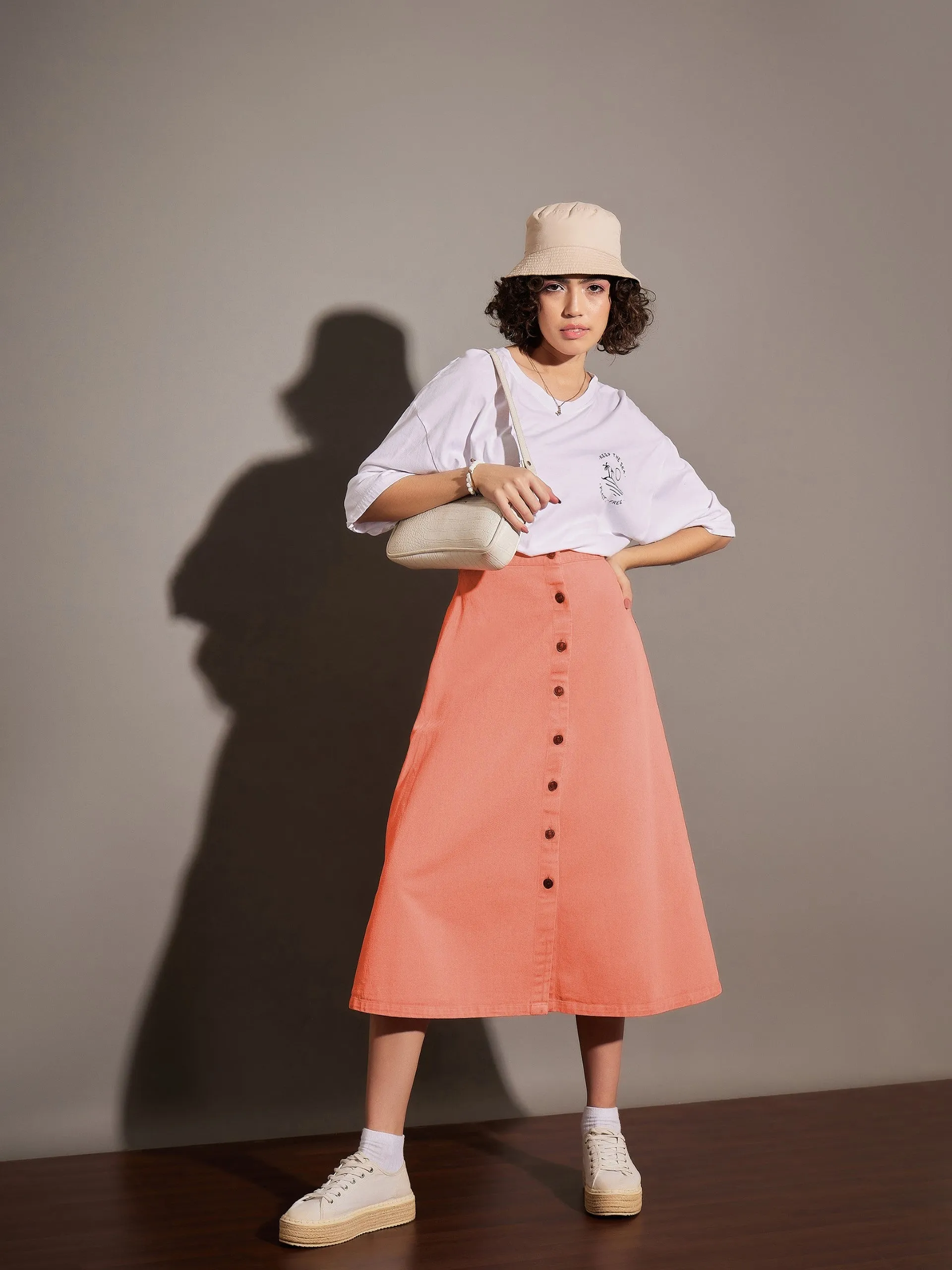 Women Orange Washed Denim A-Line Skirt