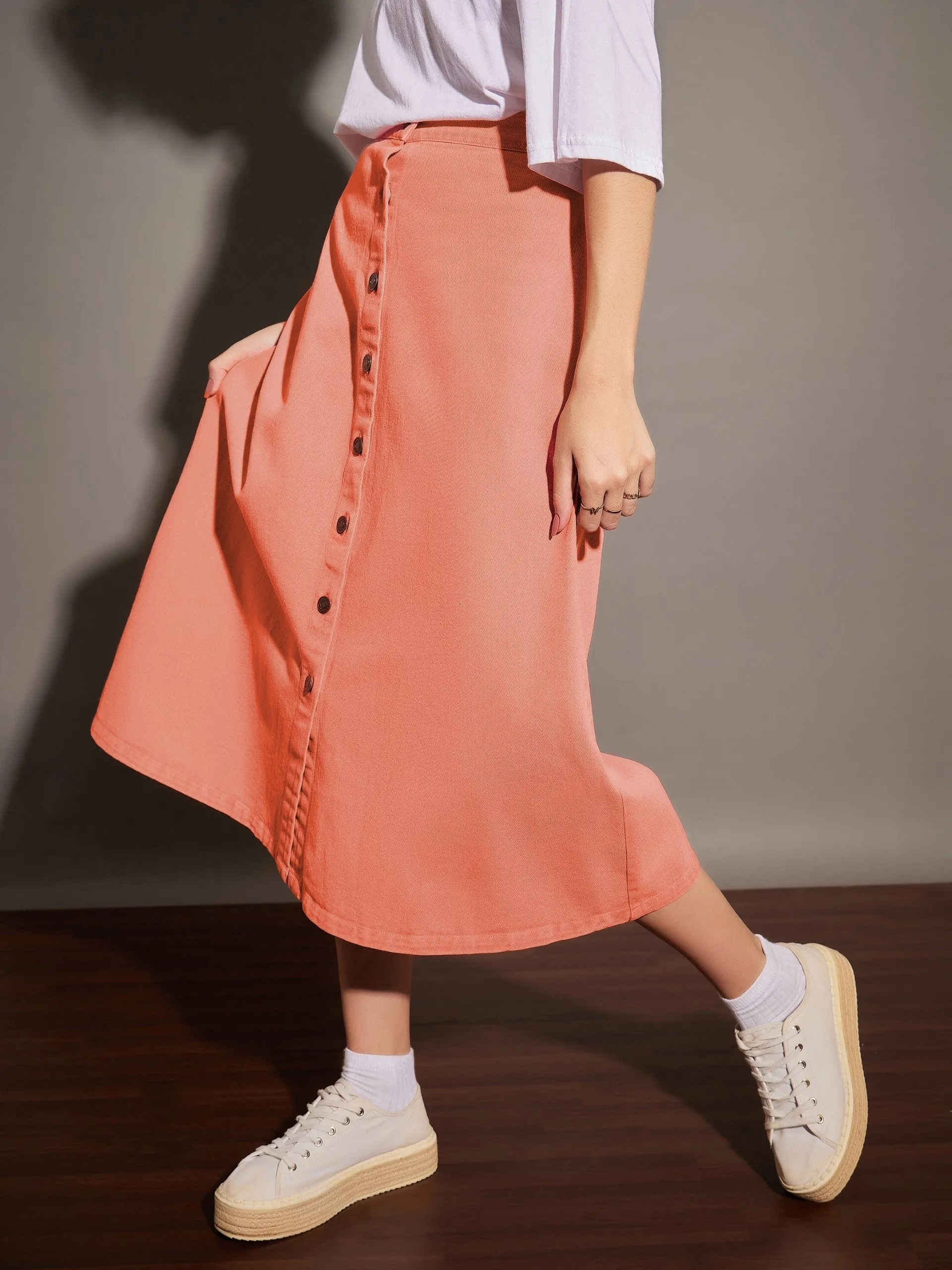 Women Orange Washed Denim A-Line Skirt